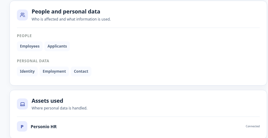 People operations record showing employees and applicants, identity, employment and contact data, and the connected Personio HR system.