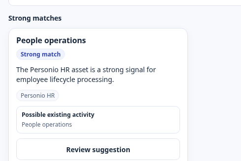 Pending People operations suggestion, labelled a strong match because of Personio HR, with a Review suggestion action.