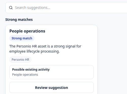 Pending People operations suggestion, labelled a strong match because of Personio HR, with a Review suggestion action.